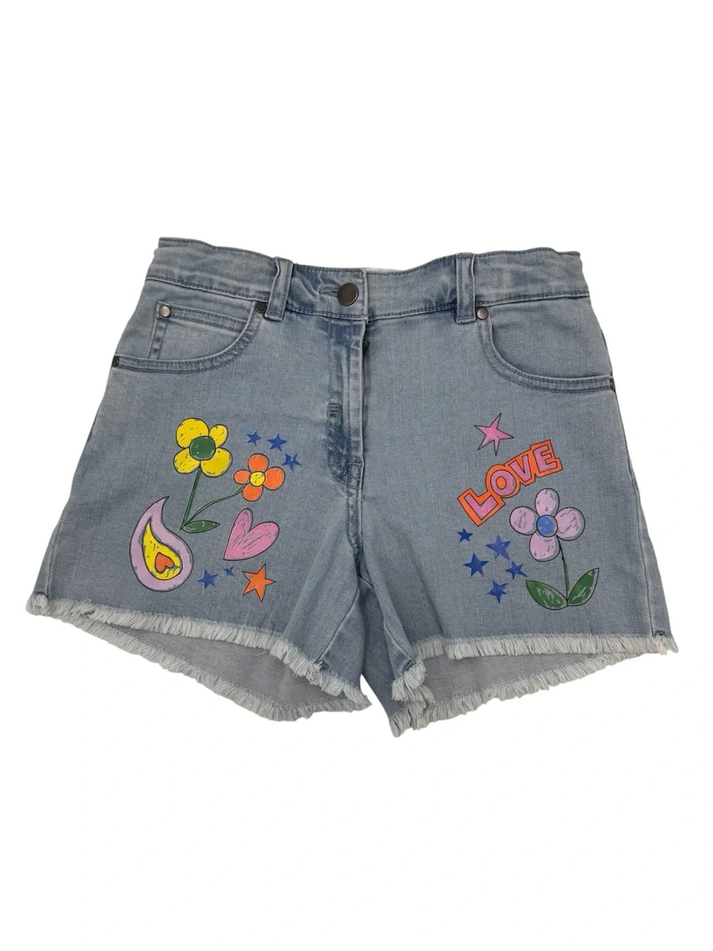 Stella McCartney Kids Girls 10 LOVE Graphic Denim Shorts Flowers